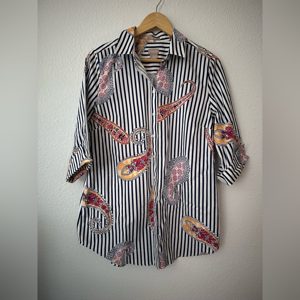 Chico's Black and White Striped Paisley Shirt